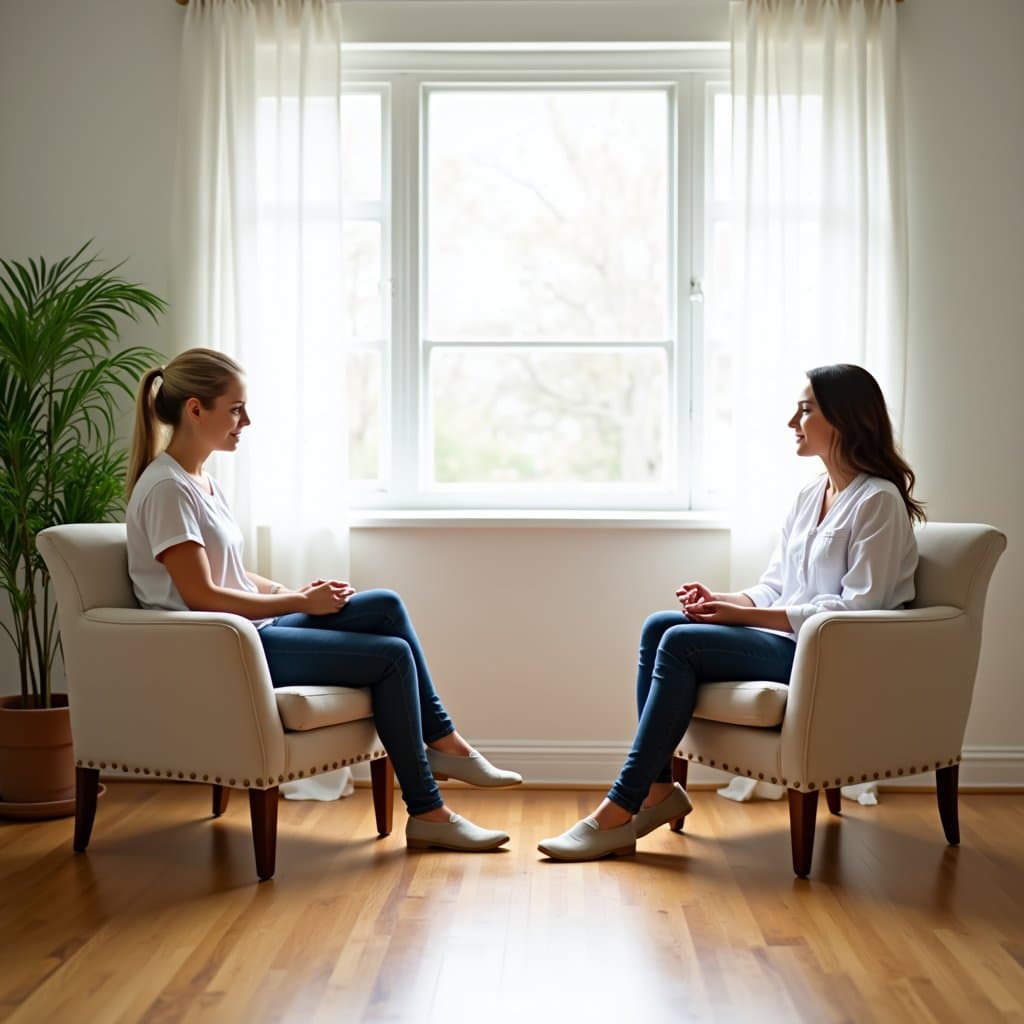 Two women sitting in an office during a counseling session