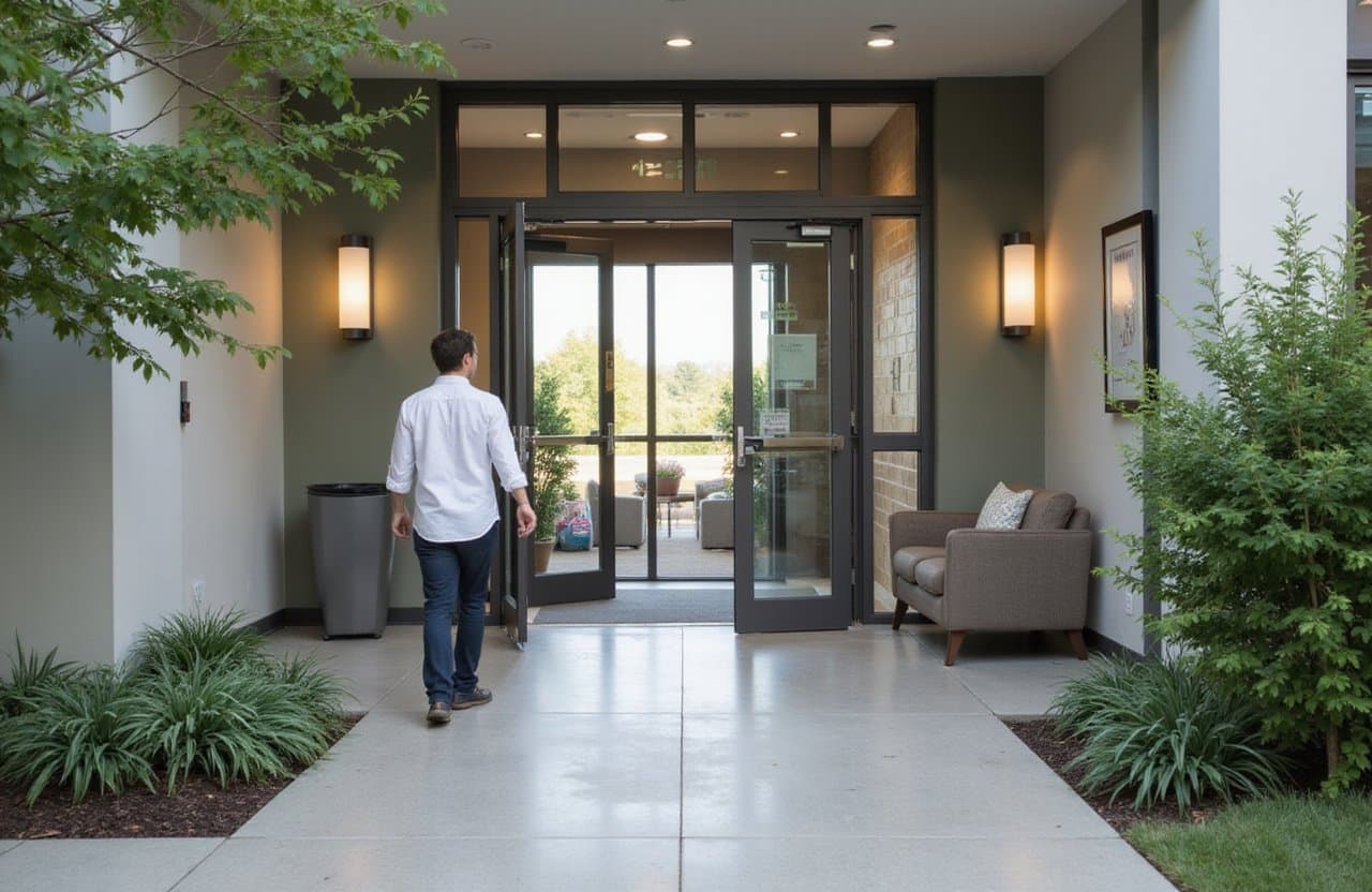 A man walking towards the door of an inpatient facility