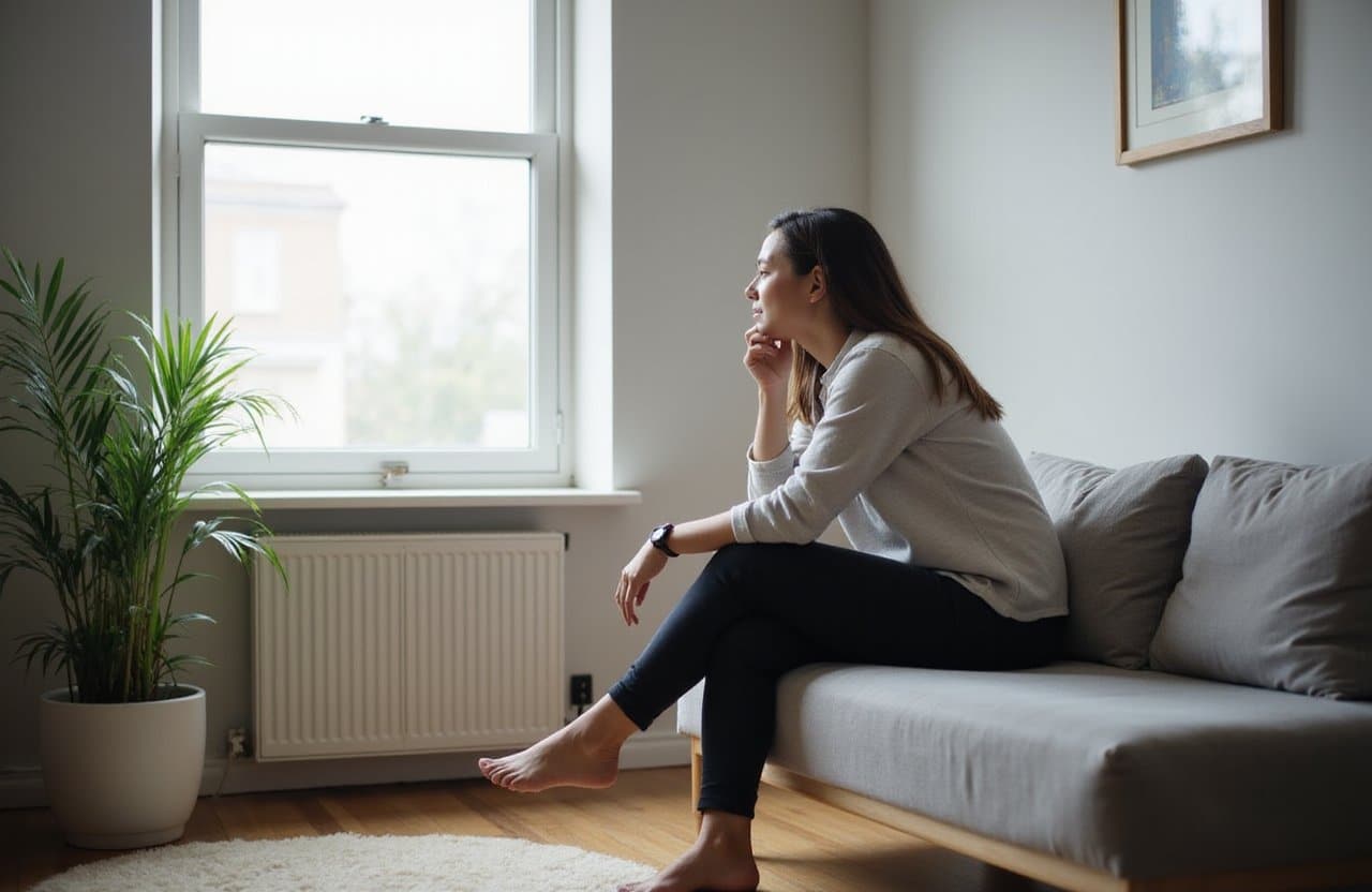 Woman sitting in a room alone looking at the window thinking something