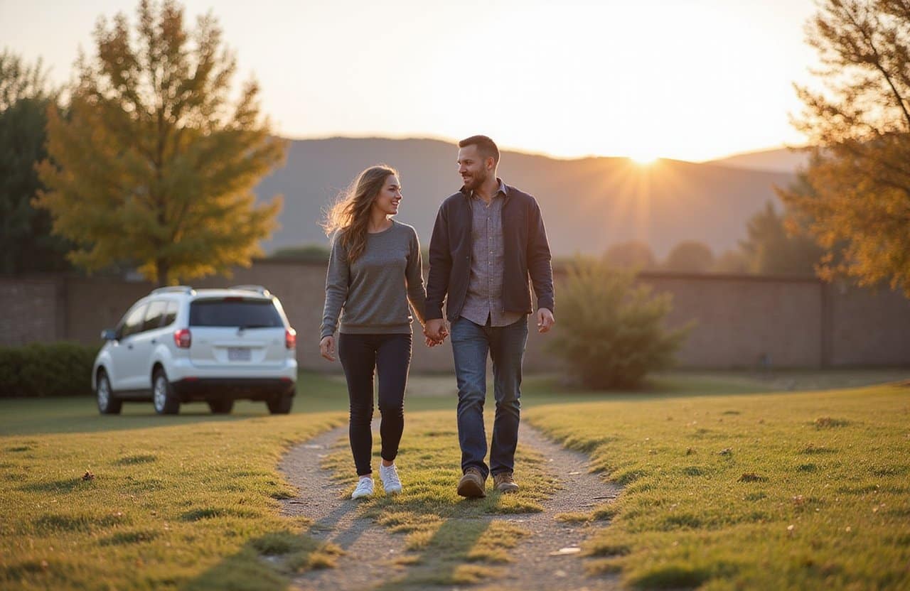 A man and woman walking and smiling outside their home