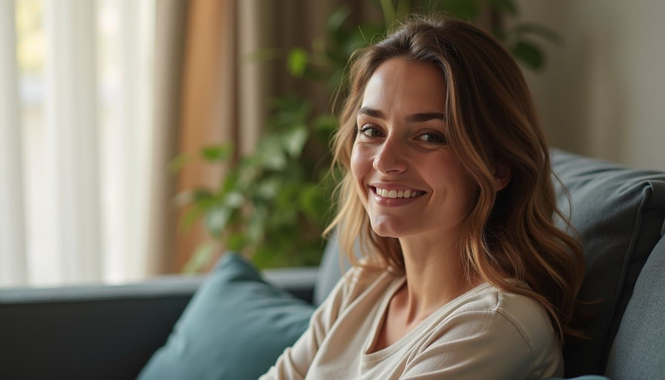Woman seated indoors in a recovery residence with a compassionate tone