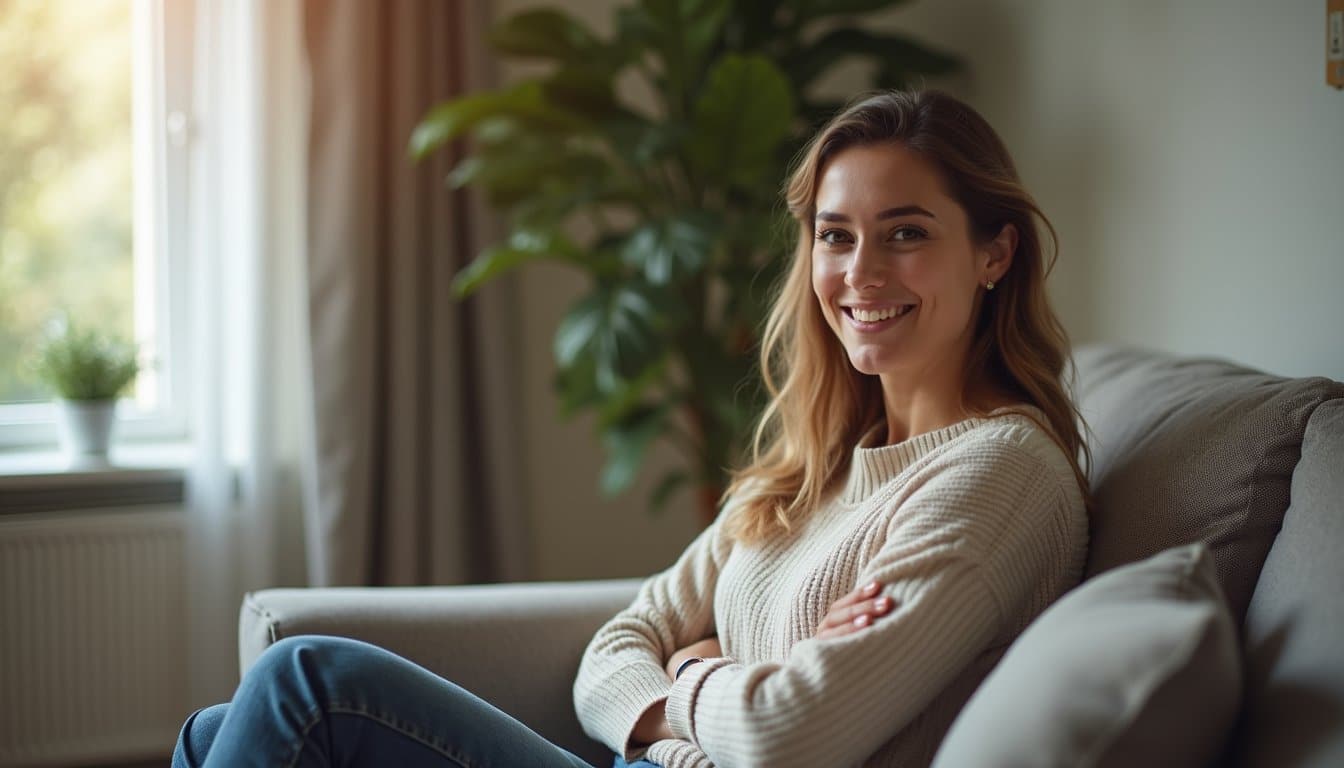 Woman on a sofa in a residential recovery home with a peaceful expression