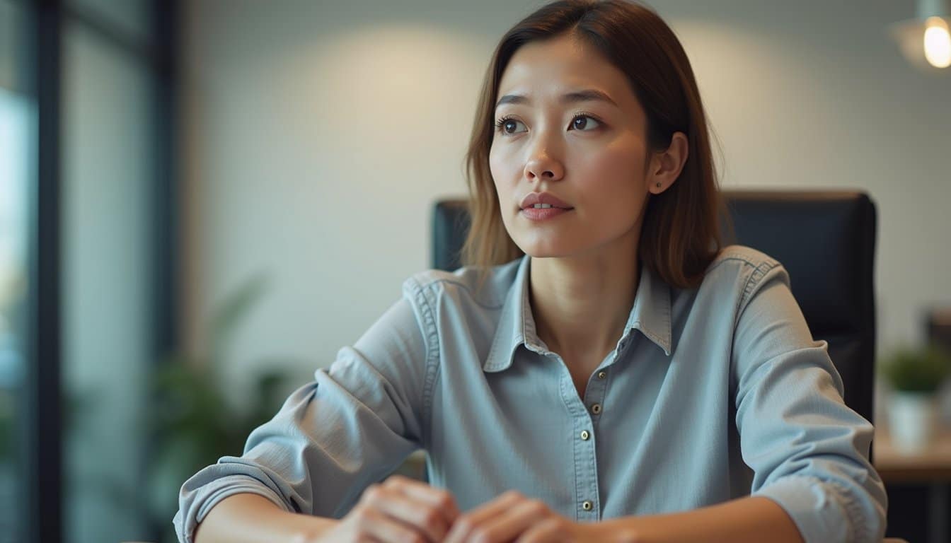 Adult seated at a desk in a quiet room, sitting upright with a calm, focused expression and hands resting naturally in soft daylight.