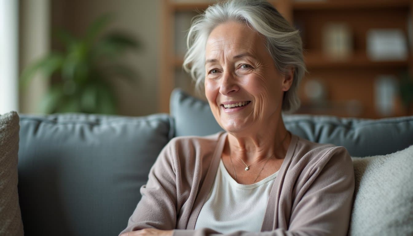 Woman sitting on a couch in a calm, residential recovery space