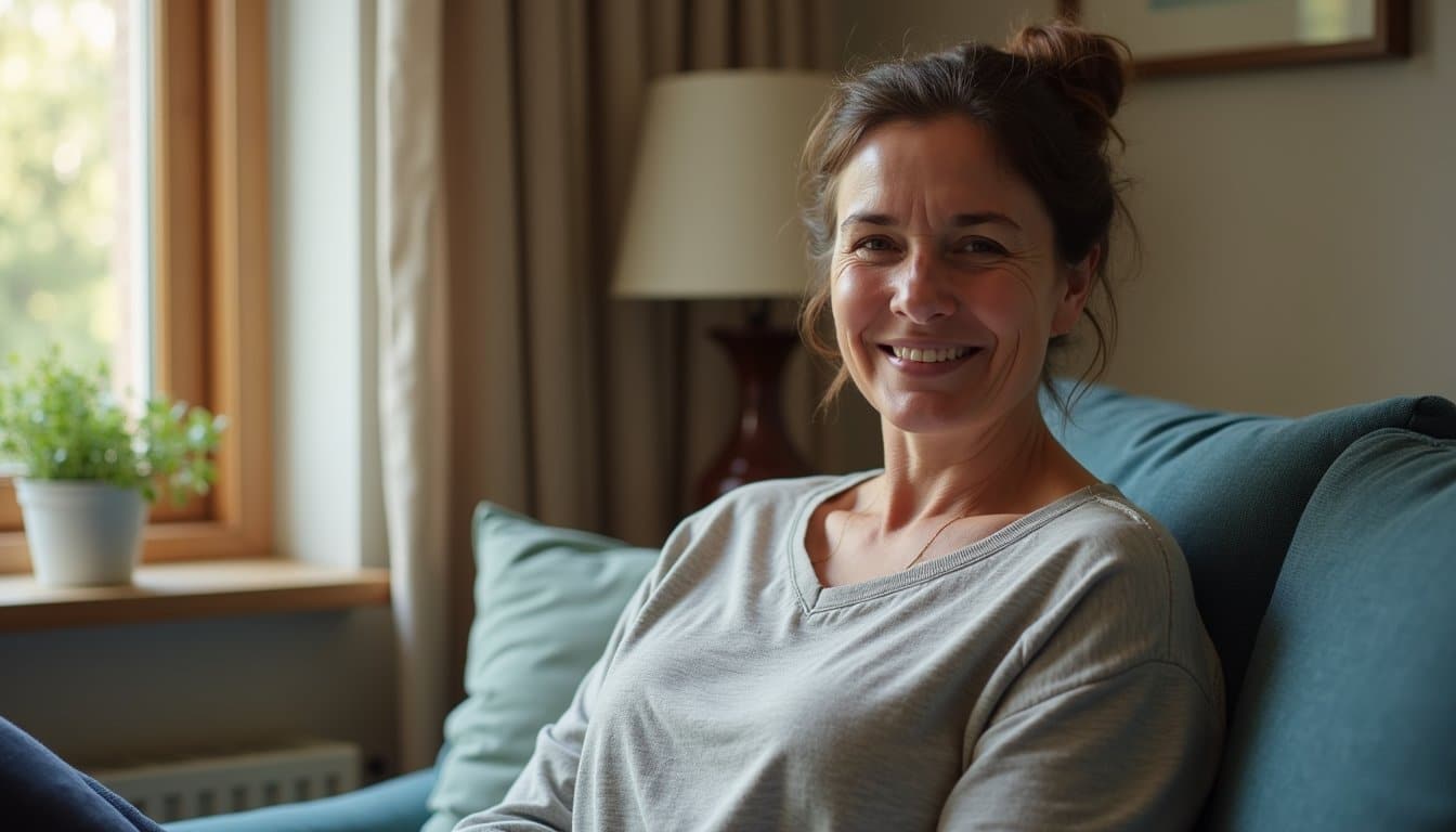 Adult woman sitting on a couch in a recovery space with gentle warmth