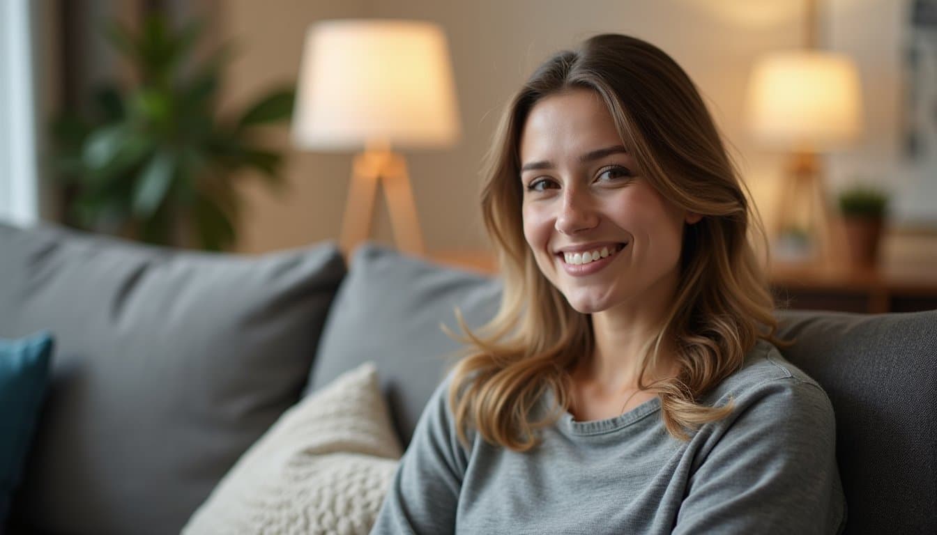 Adult woman sitting on a sofa in a quiet, supportive recovery home