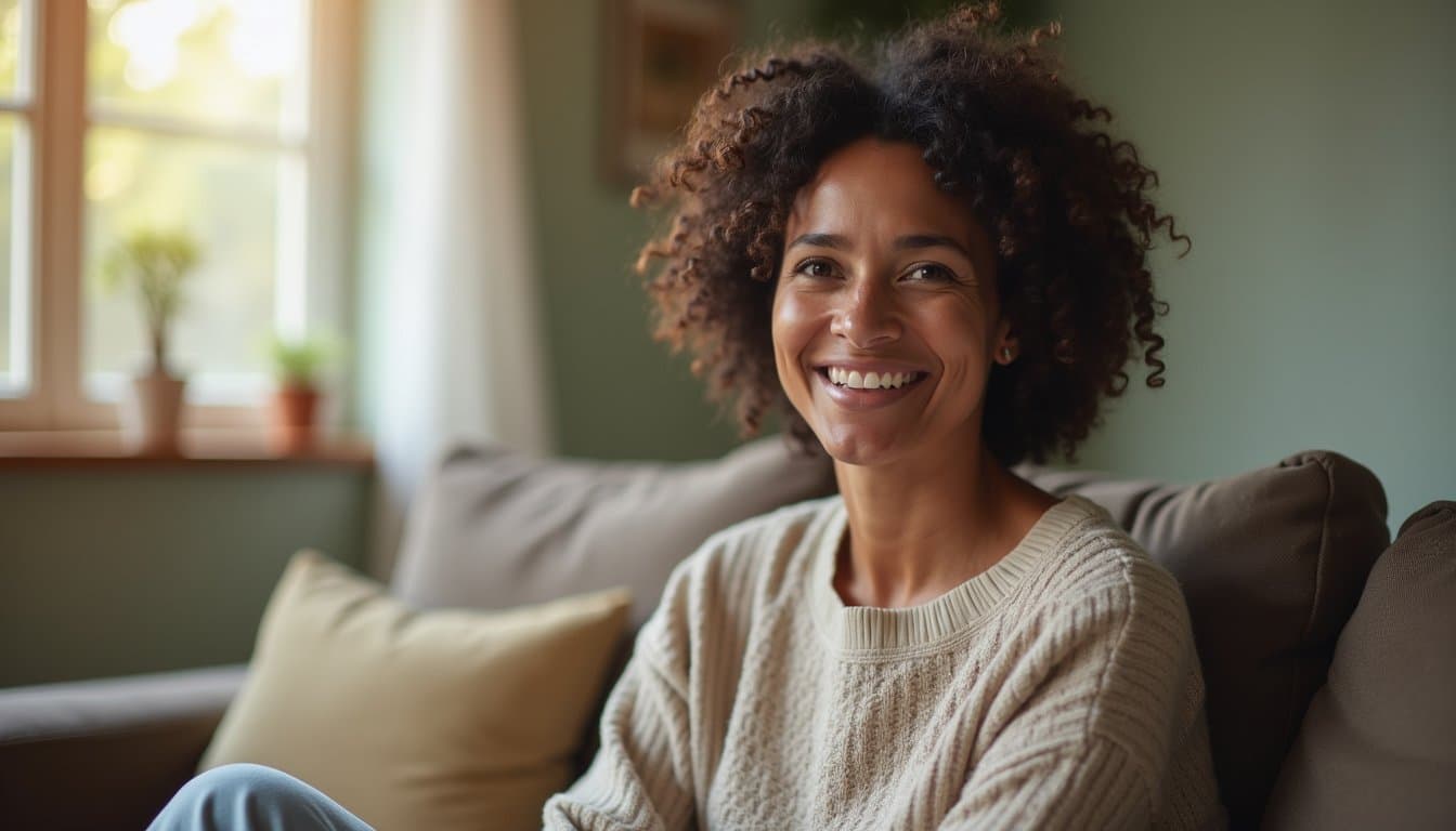 Adult woman on a sofa in a home-like recovery setting with relaxed posture