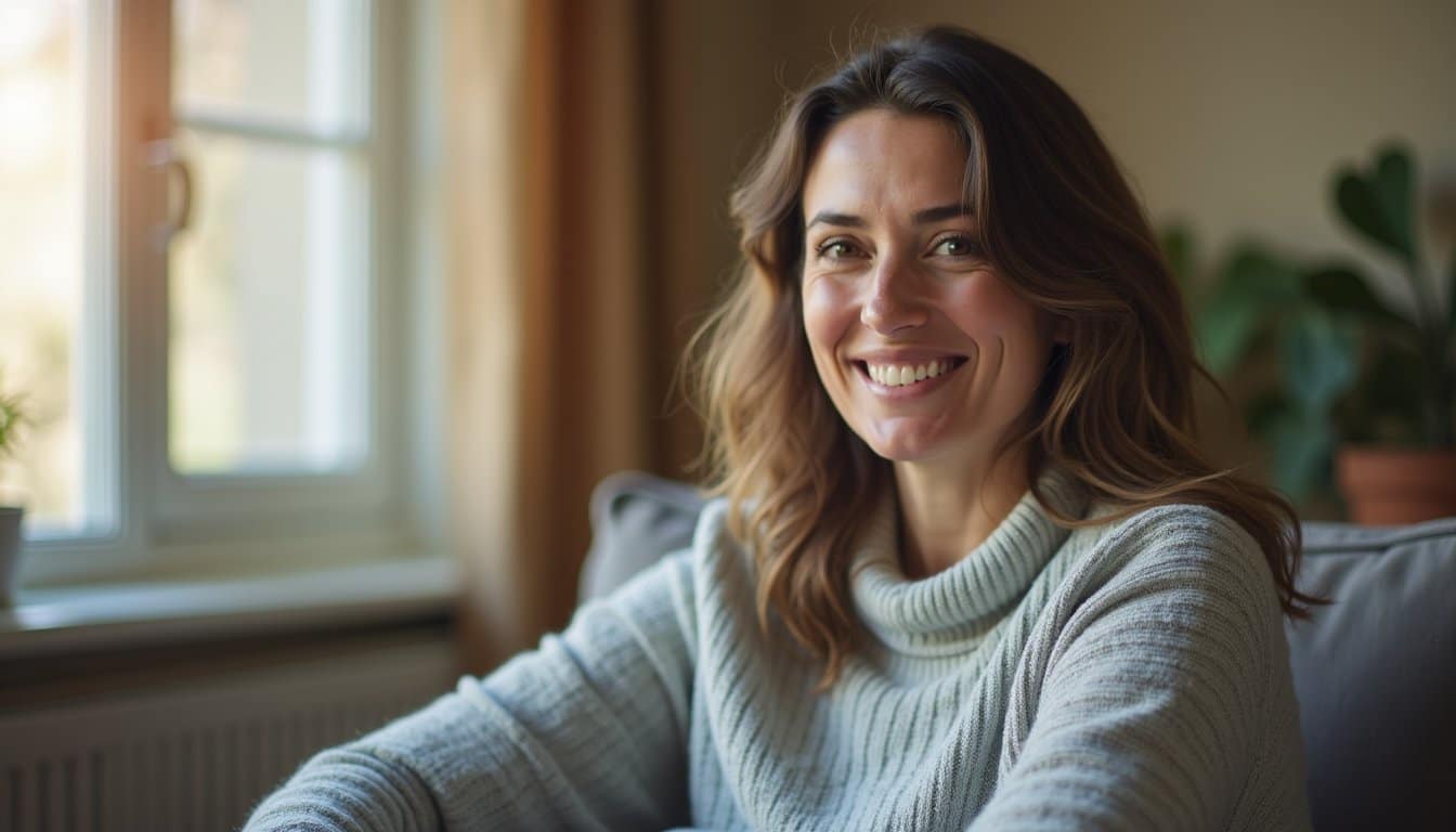 Adult woman seated comfortably in a recovery home interior