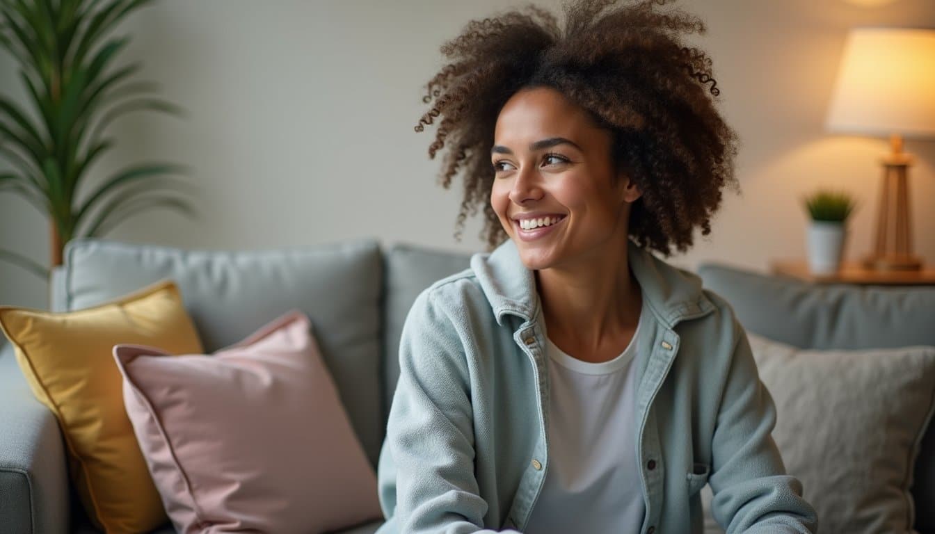 Woman relaxing on a sofa in a residential recovery home setting