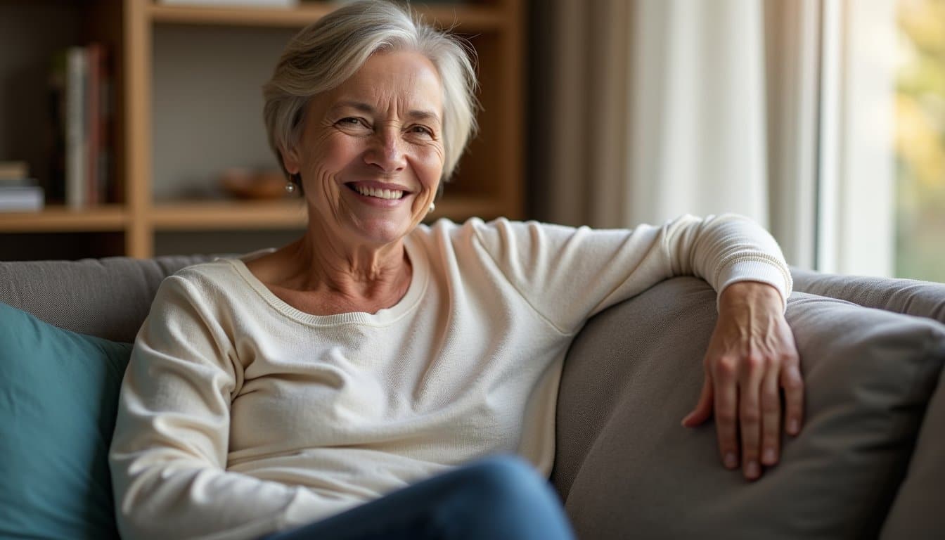 Woman seated indoors in a recovery home with a hopeful mood