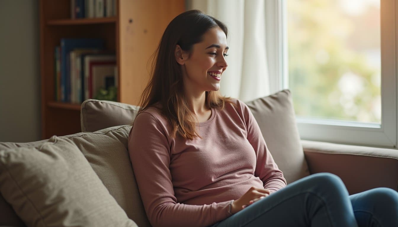 Adult woman sitting comfortably on a couch in a recovery residence