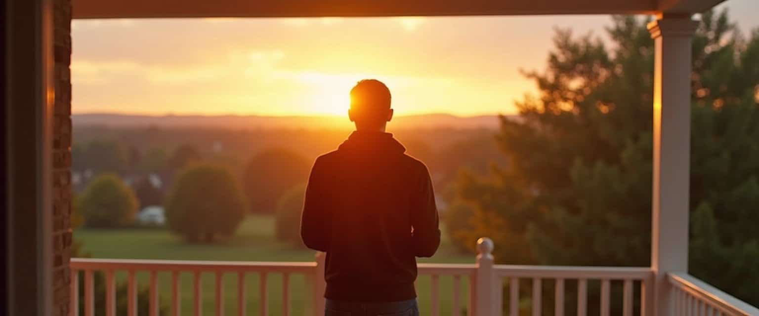 Person standing on a porch at a residential treatment center, facing the horizon in warm sunrise light.
